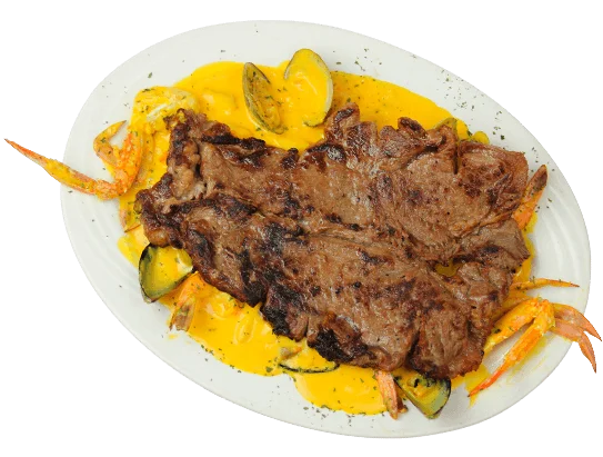 sirloin steak topped with seafood